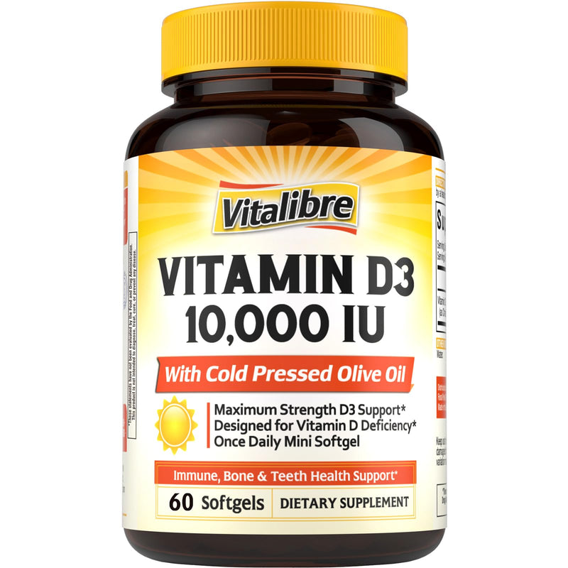 Vitalibre Vitamin D3 10,000 IU (250mcg) with Cold Pressed Olive Oil | Maximum Strength, Highly Bioavailable, Immune, Bone & Teeth Health Support, No Soy, Sunshine Vitamin, 60 Mini Softgels 60 Count (Pack of 1)