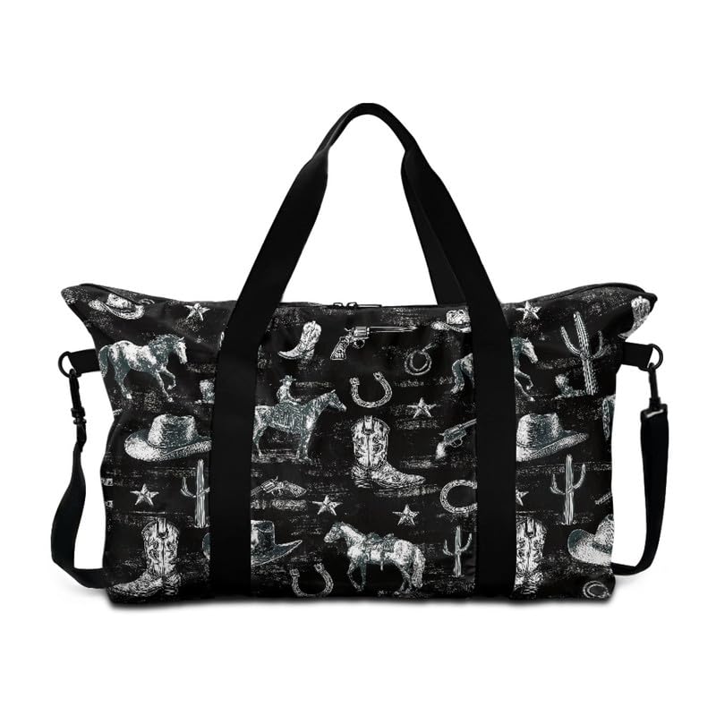 Western Horse Print Travel Duffel Tote Bag Foldable Carry On for Women, Cactus Cowboy Boots Pattern Lightweight Gym Bags for Sport, Road Trip Western Cow Boy Cactus