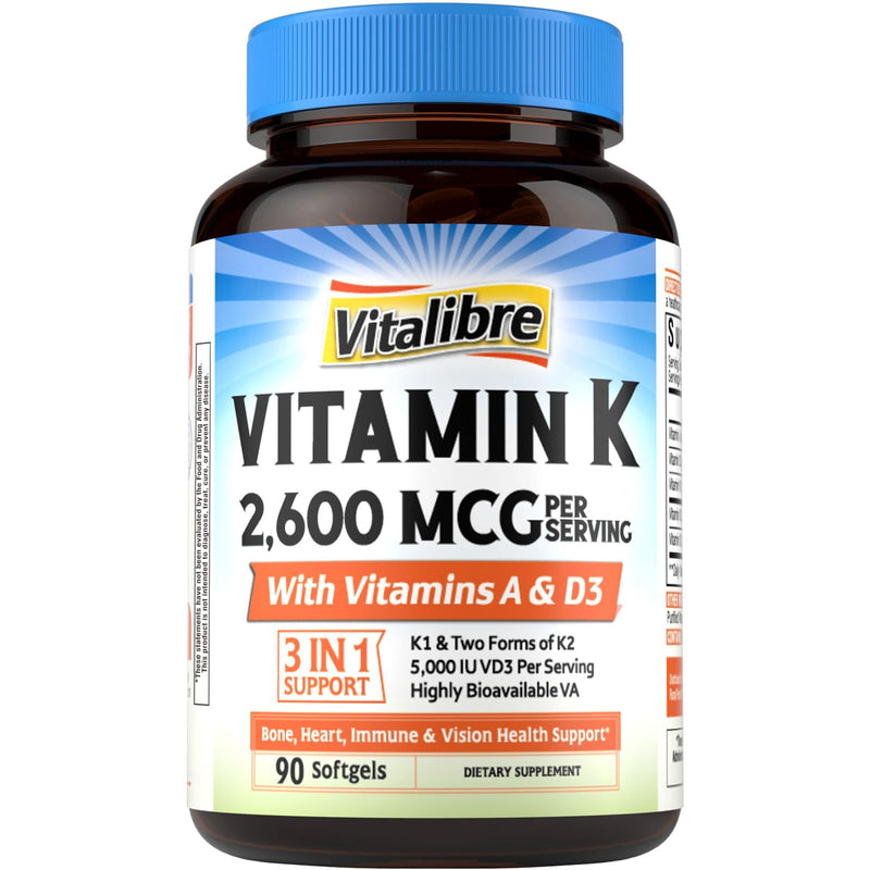 Vitalibre Vitamin K Complex 2600 mcg with Vitamin A & D3 5000 IU | Bioavailable K2 D3 Vitamin Supplement, Full Spectrum, for Bone Strength and Heart Health, 90 Softgels