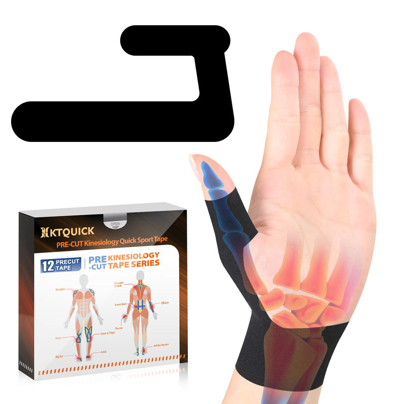 Precut Kinesiology Tape for Finger Valgus–12PCS Pain Relief Athletic Tape, Waterproof & Hypoallergenic Latex-Free, Elastic Breathable Long-Lasting Elbow Support Tape for Left(Black) Black