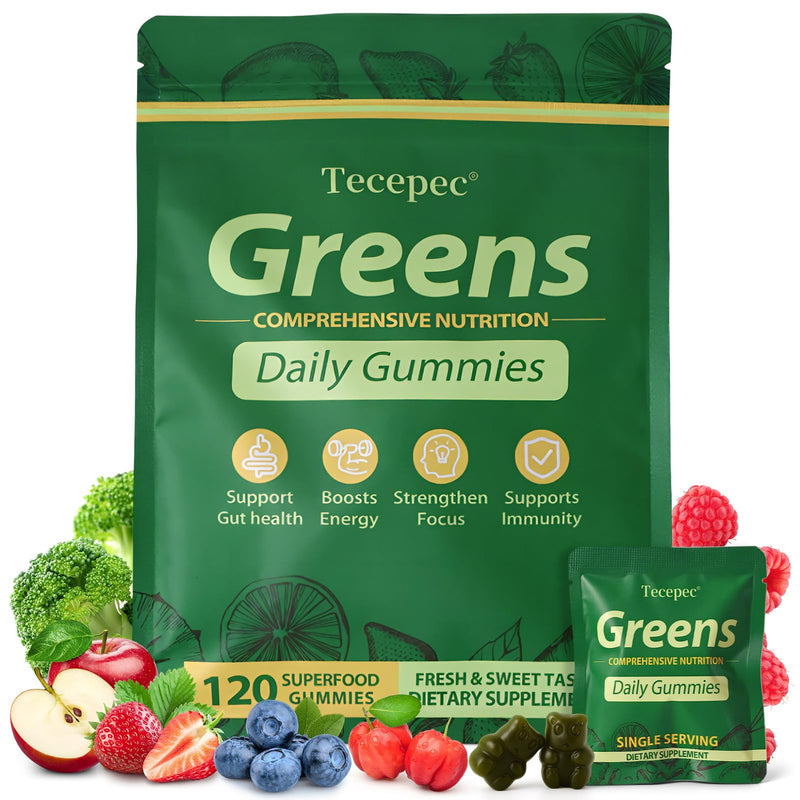 [Australia] - Greens Daily Gummies, Superfood Fruits and Veggies Blend with Spirulina, Chlorella, Prebiotics & Fiber, Adaptogens Multivitamin Supplement for Digestive Health, Non-GMO, 120 Count 120 Count (Pack of 1) 