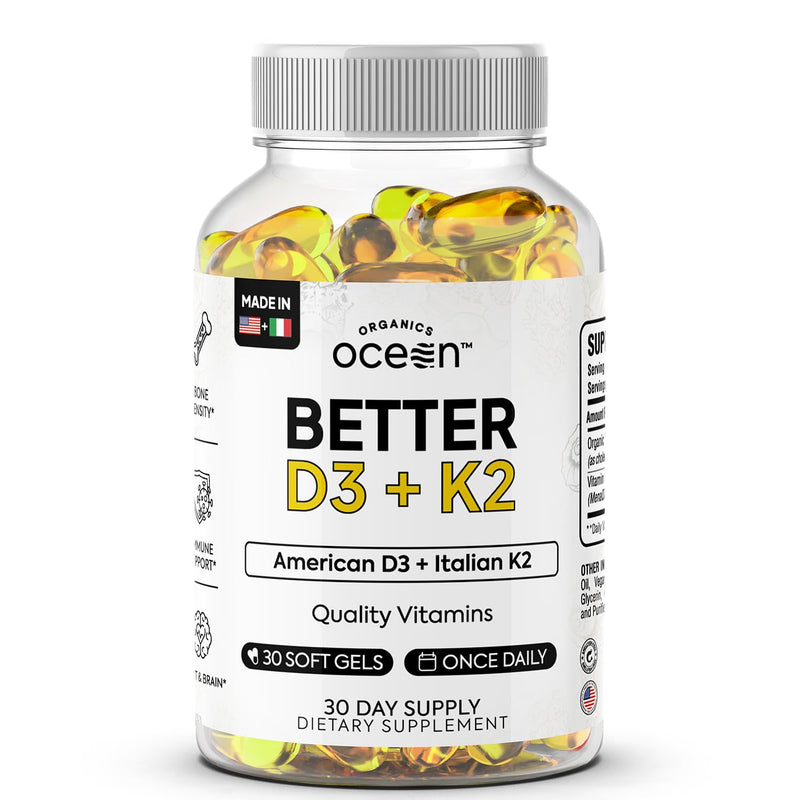 Organics Ocean Better D3 + K2-100% Organic VIT D3 and K2 Supplements with Maximum Bioavailability - Supports Bone Density, Calcium Balance, Immunity & Mood - 1-Pack, 30-Day Supply 30 Count (Pack of 1)