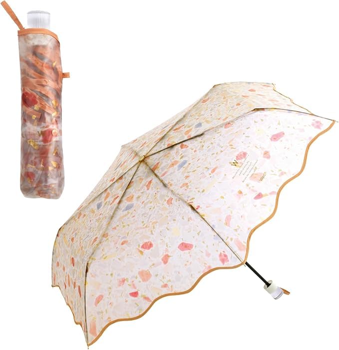 Mini Folding Umbrella – Lightweight Transparent Terrazzo-Patterned Umbrella, Orange Compact Travel Umbrella, Manual Open