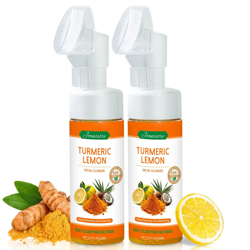 2PCS Turmeric Lemon Face Wash with Brush, Vitamin C Foaming Face Cleanser | Turmeric Soap Lemon Soap Deep Clean with Coconut Oil, Foaming Facial Cleanser for All Skin, 150g/5.07 FL Oz x2