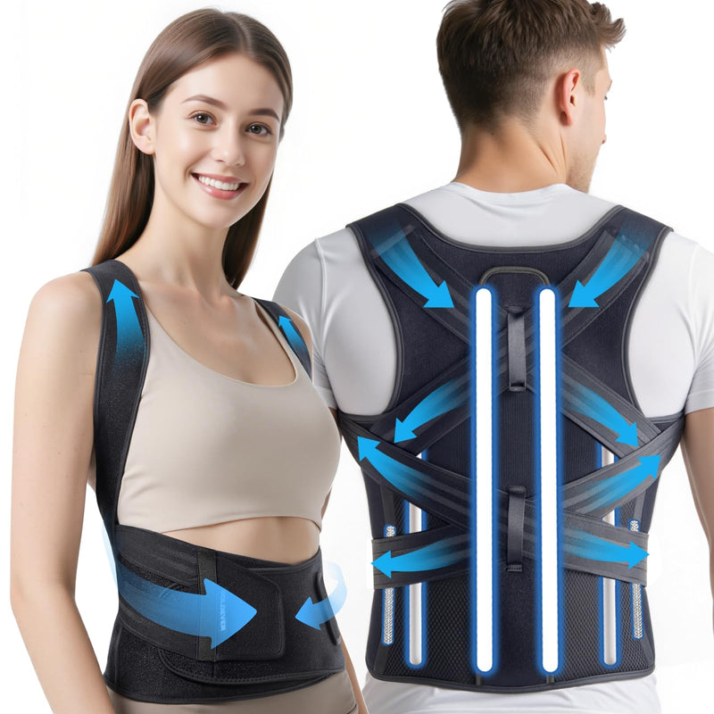 [Australia] - Posture Corrector for Women & Men, [Upgraded Support & Breathable Mesh] Adjustable Back Brace, Full Back Support, Shoulder Straightener for Back Pain Relief, Scoliosis, Hunchback & Spine Alignment Large Black Gray 