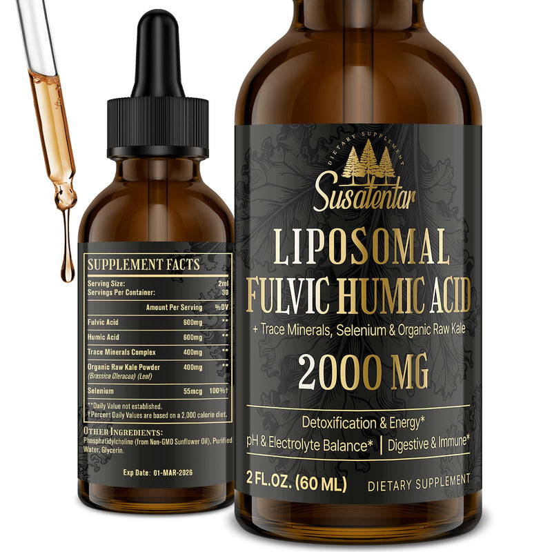[Australia] - 2000 MG Liposomal Fulvic Acid + Humic Acid + Trace Minerals Complex - More Potent Than Shilajit, Electrolytes Liquid Supplement with Organic Kale for Energy, Digestion, Immunity & pH Balance, 2 Oz 2 Fl Oz (Pack of 1) 