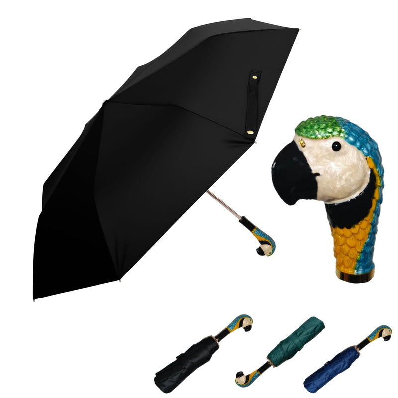 Handpainted Artisan Foldable Umbrella – Animal Lovers – Traditional Enamel Figurine – Fashion Umbrella – Unique Gift Idea – Compact & Windproof – Advanced UV Protection Macaw Parrot/Black Premium Satin