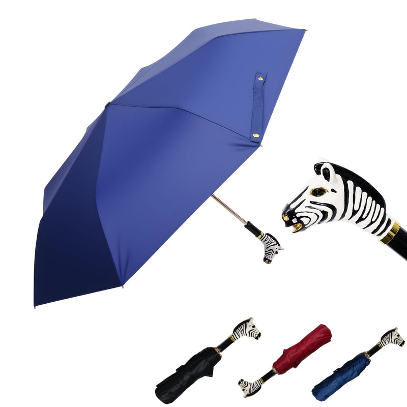 Handpainted Artisan Foldable Umbrella – Animal Lovers – Traditional Enamel Figurine – Fashion Umbrella – Unique Gift Idea – Compact & Windproof – Advanced UV Protection Zebra/Navy