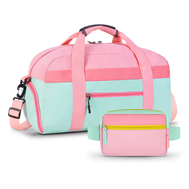 WOOMADA Travel Duffle Bag, Weekend Bag with Wet Pocket & Trolley Sleeve, Overnight Bag With Waist Pack, Fit for Sports Practice, Travel and Gifts(pink green)