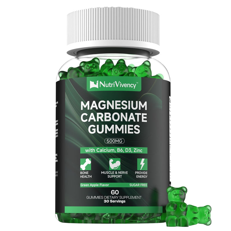 Magnesium Carbonate Gummies 500mg, Bone & Nerve, 30 Servings | With Calcium, Vit B6, D3, Zinc for Bone Health, Muscle Support. Sugar Free, Green Apple Flavor. Vegan, Non-GMO, Gluten-Free