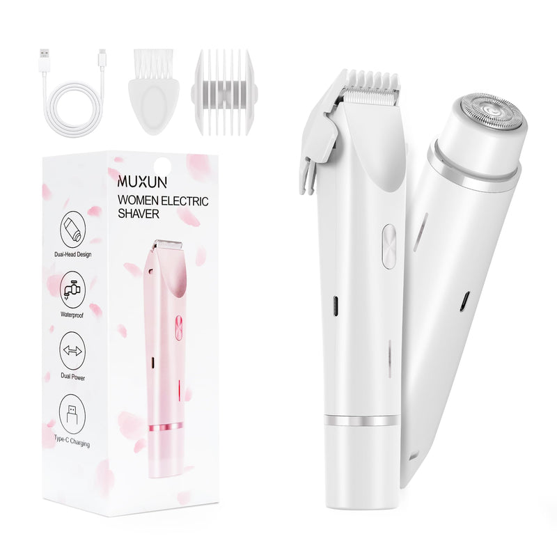 [Australia] - Bikini Trimmer for Women-2 in 1 Dual Head Electric Razors,USB Rechargeable Bikini Electric Shaver,IPX7 Waterproof Dry & Wet Use Body Hair Trimmer and Facial Hair Remover for Underarm Leg Body,White White 