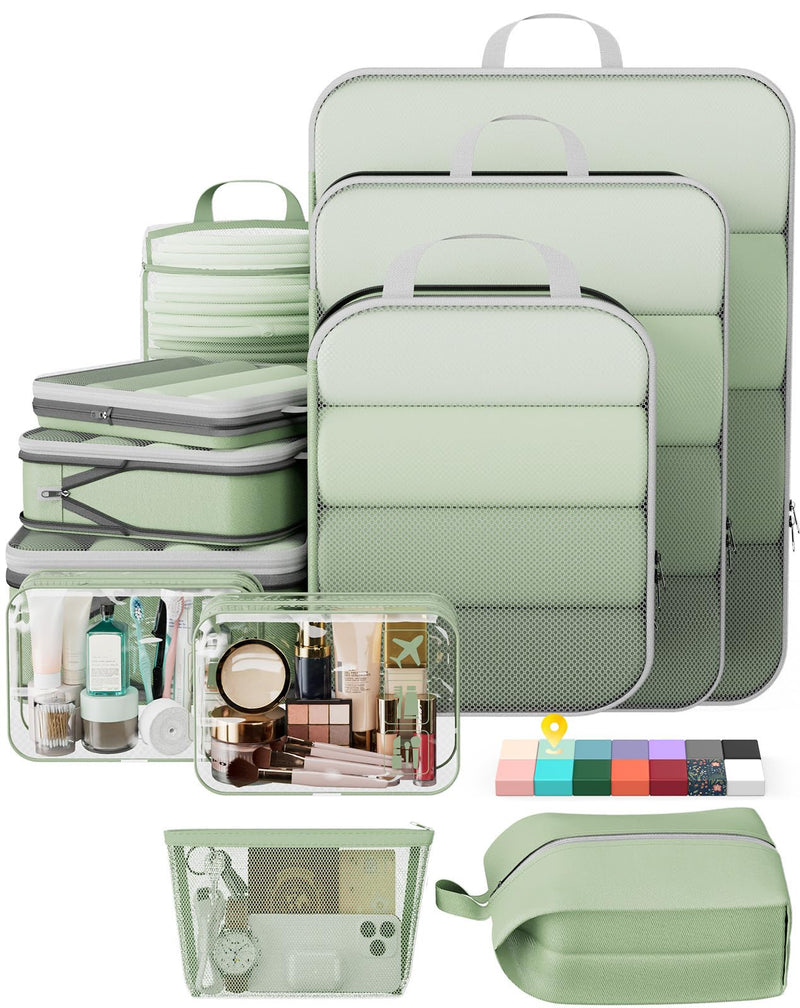 Veken 11 Set Compression Packing Cubes Garment Bags for Travel Essentials,Compressible Expandable Luggage Organizer Bags for Clothing,Space Saver Bags with Over 1000 pcs of Mesh Holes(Matcha Green) Matcha Green