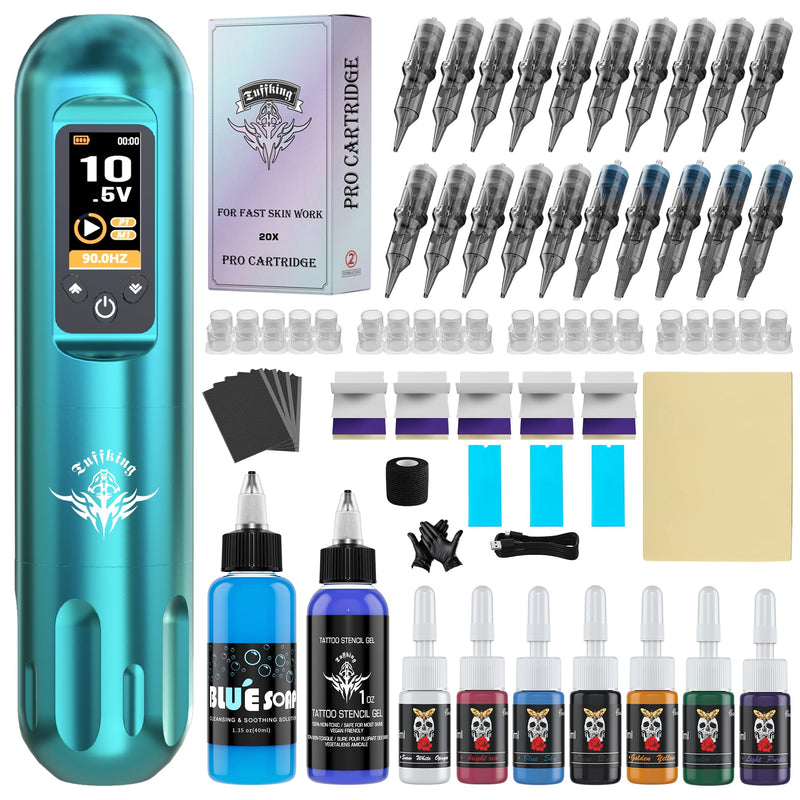 [Australia] - Tuffking Tattoo Machine Kit Rotary Wireless Tattoo Pen Kit with 20pcs Extra Smooth Cartridge Needles Practice Skin Supplies for Beginners & Professional Artists 