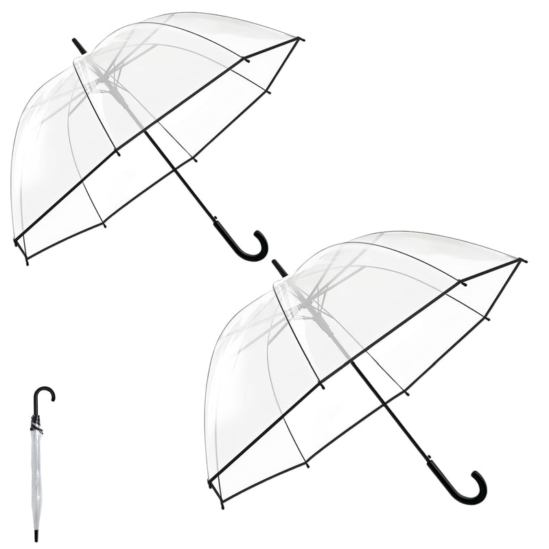 Clear Windproof Bubble Stick Umbrella, Auto Open Rainproof Transparent Umbrella for Adult Boys and Girls, Lightweight Wind and Rain Protection, Dome Canopy (black edge, 2pcs)