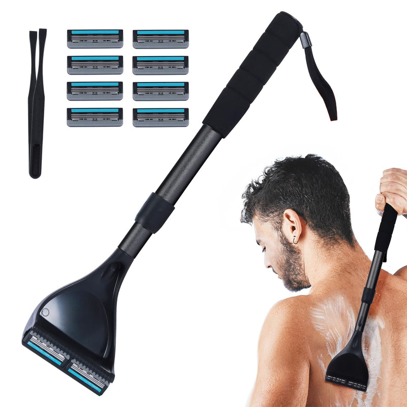 [Australia] - Back Shaver for Men - Retractable Long Handle Back Hair and Body Shavers,Replaceable Multi-Layer Double Blades（8PCS）, Ergonomic DIY Wet or Dry Shaving Solution（Black） Black 