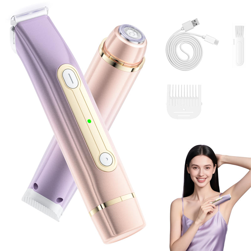 [Australia] - Bikini Trimmer for Women, 2-in-1 Electric Razor with Dual Heads, Ceramic Blade, Waterproof & Rechargeable, Painless Pubic Hair Shaver for Bikini, Underarm, Legs, Face — PinkPurple 