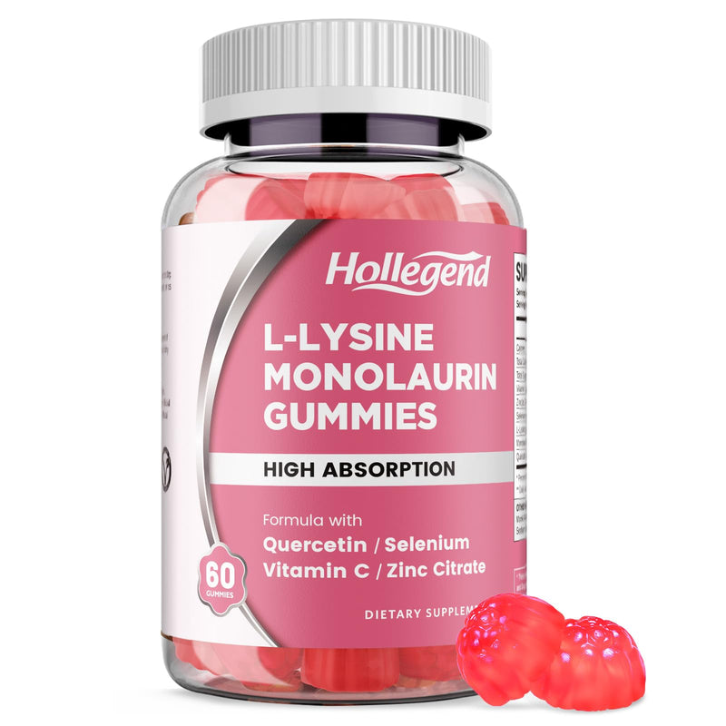 L-Lysine Monolaurin Gummies for Adults & Kids, Peach Flavor, 60 Ct | Monolaurin and Lysine 1000mg Supplement, with Vitamin C, Zinc, Selenium & Quercetin