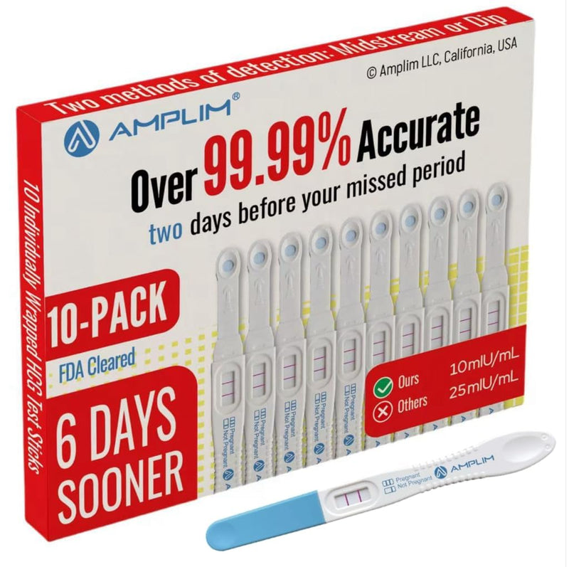 Amplim Early Result Pregnancy Test, 10 Ct Early Detection Pregnancy Tests, Bulk Pack, Ultra Sensitive Low 10mIU/mL HCG, 99.99% Accurate Pregnant Results, Dual Detection - Midstream or Dip 1 Count (Pack of 10)