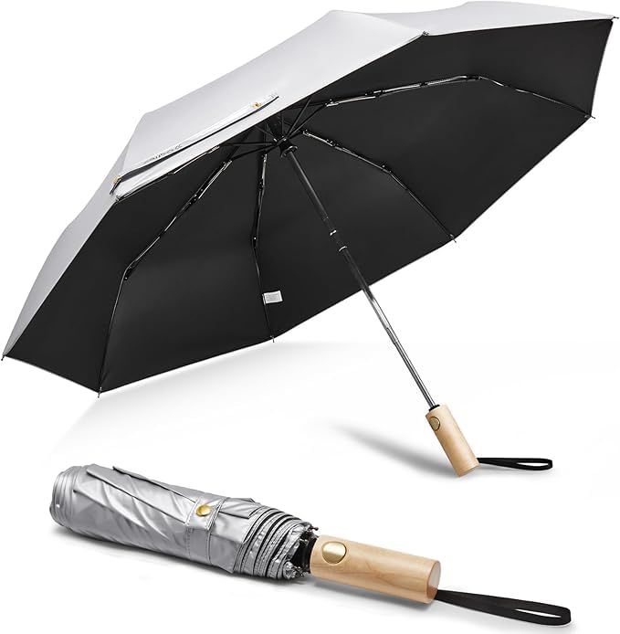 G4Free Windproof Travel Umbrella with Large Wooden Handle, UV Sun Protection & Rain Umbrella Automatic Open And Close Compact 46" Large Canopy with UPF 50+