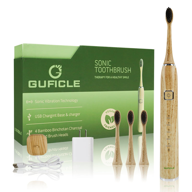 [Australia] - Bamboo Electric Toothbrush, Sonic Electric Bamboo Toothbrush for Adults, IPX7 Waterproof Rechargeable Toothbrush, 5 Cleaning Modes, 4 Bamboo Brush Heads Soft Bristle 