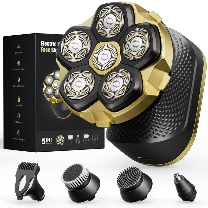 [Australia] - Head Shaver Pro for Bald Men [Titanium-Coated Blades] 5-in-1 Magnetic Electric Trimmer, Powerful 8500 RPM Motor, USB-C Fast Charge, LED Display, IPX7 Waterproof for Body Hair Grooming (Gold) 
