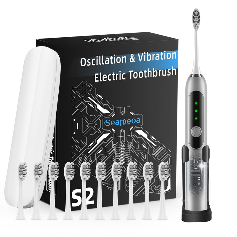 Adult Sonic Electric Toothbrush with 10 Brush Heads, Travel case, and Wall Bracket, Suitable for Both Adults and Children, IPX8 Waterproof, USB Charging, 42000VPM, Silver Silvery