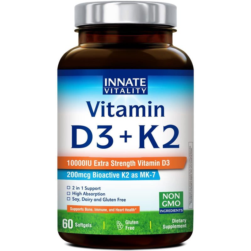 Innate Vitality Vitamin D3 K2, High Potency Vitamin D3 10000iu, 60 Softgels | w/ Vitamin K2 (MK-7) 200 mcg, Supports Bone, Teeth, Heart & Immune Health Non-GMO, Gluten Free 60 Count (Pack of 1)