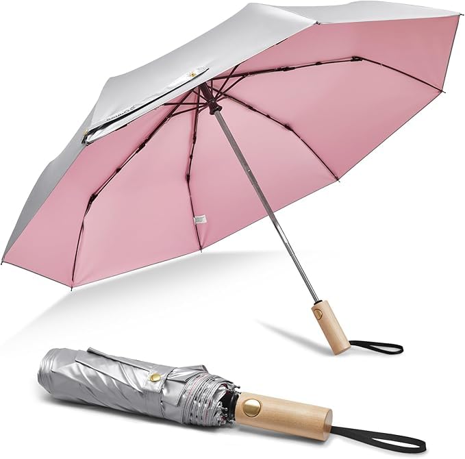 G4Free Windproof Travel Umbrella with Large Wooden Handle, UV Sun Protection Rain Umbrella Automatic Open And Close Compact 46" Large Canopy with UPF 50+