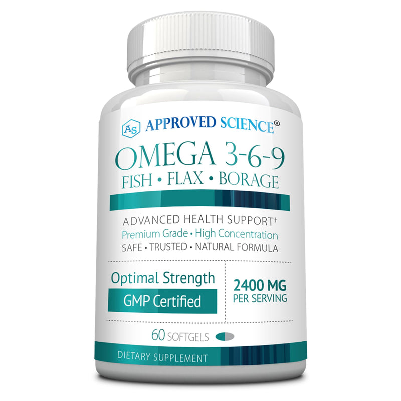 Approved Science Omega 3-6-9-2400mg Daily Blend of Fish, Flaxseed, and Borage Oils with Vitamin E - Wellness Support - Non-GMO, Mercury-Free - 60 Softgels - 1 Month Supply 60 Count (Pack of 1)