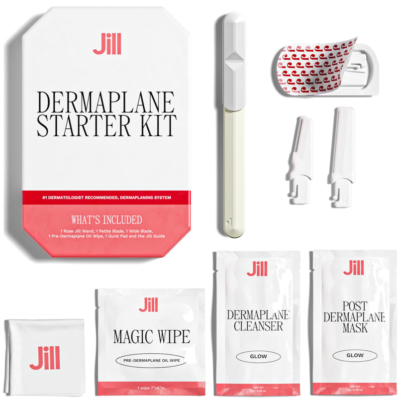 Jill Dermaplane Starter Kit for Women in Cream – Facial Razor & Exfoliating Blade Set with Pre-Shave Magic Wipe, Gentle Skin Cleanser, Glow Moisturizer & 2 Disposable Dermaplane Blades
