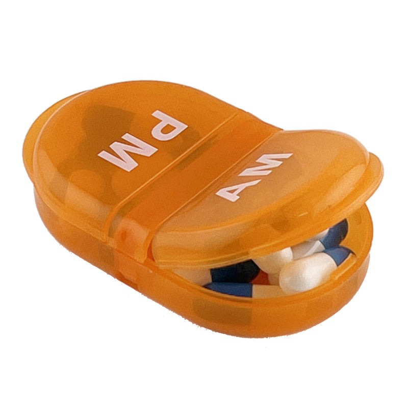 Deke Home - Pill Organizer AM PM, 2 Compartment Pill Box for Pocket or Purse, Small Daily Medicine Case, Travel Pill Holder, Easy Open Pill Container for Seniors, Vitamins & Supplements (Orang) Orange