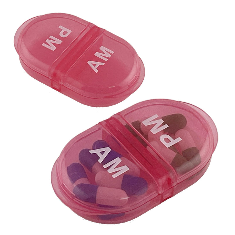 Deke Home - Pill Organizer AM PM, 2 Compartment Pill Box for Pocket or Purse, Small Daily Medicine Case, Travel Pill Holder, Easy Open Pill Container for Seniors, Vitamins & Supplements (Pink) Pink