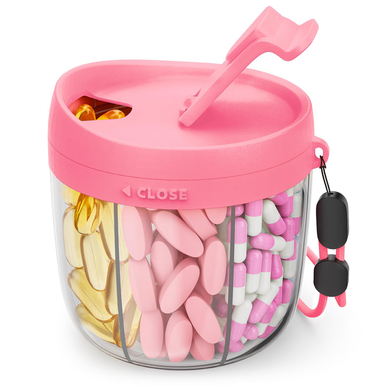 AMOOS Cute Pill Dispenser with Anti-Mix Design, 7-Slot, BPA-Free, Patented | Portable Pill Organizer, Wide Mouth for Easy Access, Pill Bottle Organizer for Vitamins, Fish Oils, Supplements, Hot Pink