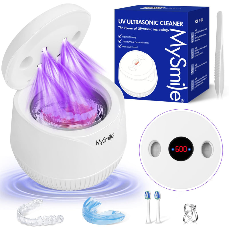 [Australia] - MySmile Ultrasonic Retainer Cleaner- 45kHz Denture Cleaner Machine with 200ML Capacity for Aligner, Mouth Guard, Braces, Portable Dental Cleaning Pod with 2 Mode Digital Timer for Home, Travel (WHITE) WHITE 