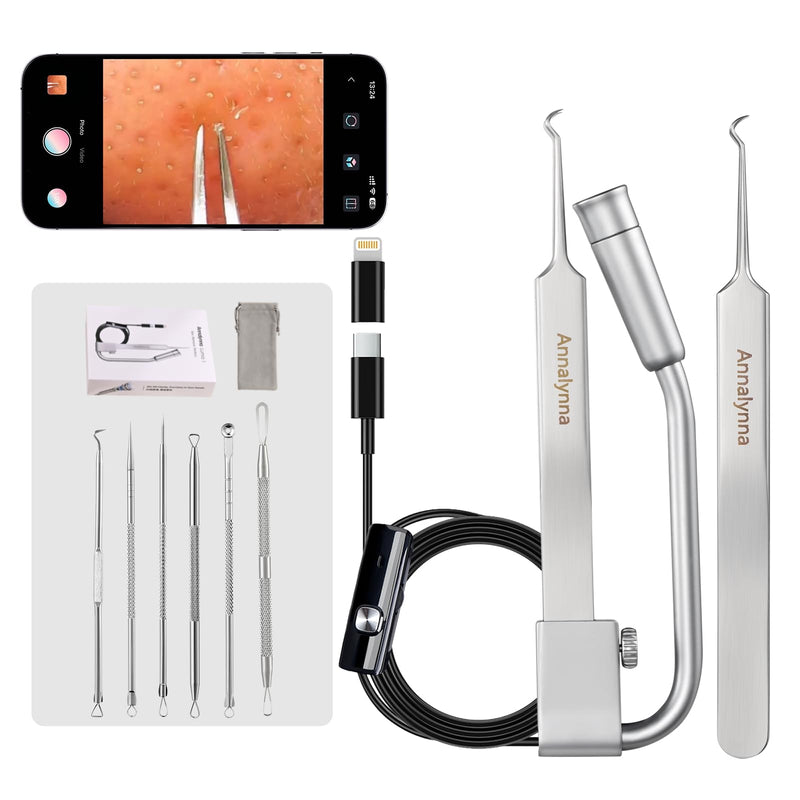 [Australia] - Visual Blackhead Remover Tweezers with Camera - 20x Magnification Pimple Popper Tweezers, with 2* Curved Comedone Extractor, Professional Pimple Acne Blemish Removal Tools Kit (6 Pcs Kit) 