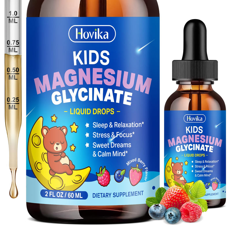 Magnesium Glycinate for Kids - Magnesium Glycinate Liquid Drops with L-Theanine Omega-3, Vitamin B6, D3, Zinc - Support Sleep, Relaxation, Calm & Focus - 2 Fl Oz, Mixed Berry Flavor 2 Fl Oz (Pack of 1)