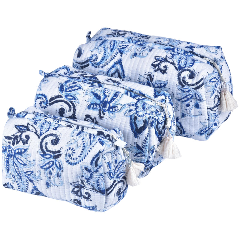 Quilted Floral Block Print Makeup Bag Set of 3 – Cotton Travel Toiletry and Makeup Organizer, Cosmetic Pouch, Toiletry Bag for Women, Cute Boho Coquette Make Up Bags for Women (Small, Medium, Large)