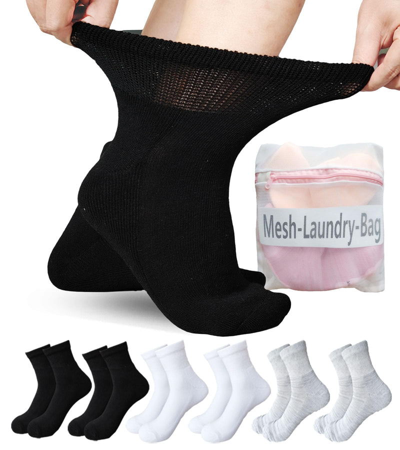 [Australia] - Women 's Diabetic Ankle Socks for Swollen Feet, Edema, Neuropathy, Bariatric Non Binding Super Wide 6 Pairs Medium Black/White/Grey-6 Pairs 