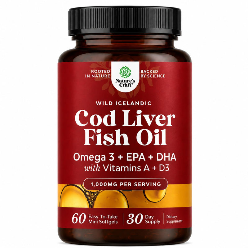Cod Liver Oil Capsules, Omega 3 Fish Oil, 30-Day Supply, 60 Mini Softgels | 1,000 mg per 2-softgel serving with 240 mg total omega-3s, EPA & DHA, vitamins A & D3, from wild-caught Icelandic cod 60 count (Pack of 1)