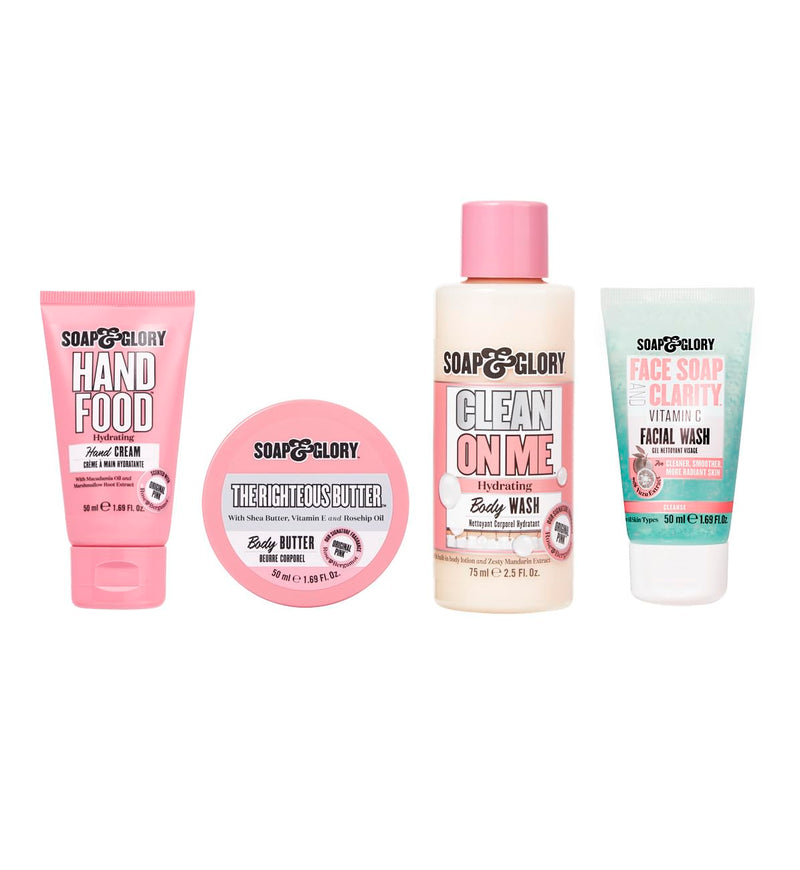 Soap & Glory Star Treatment Skin Care Set, 4 Piece | Moisturizing Food Hand Cream, The Righteous Body Butter, Clean On Me Shower Gel, Face Soap & Clarity Vitamin C Cleanser
