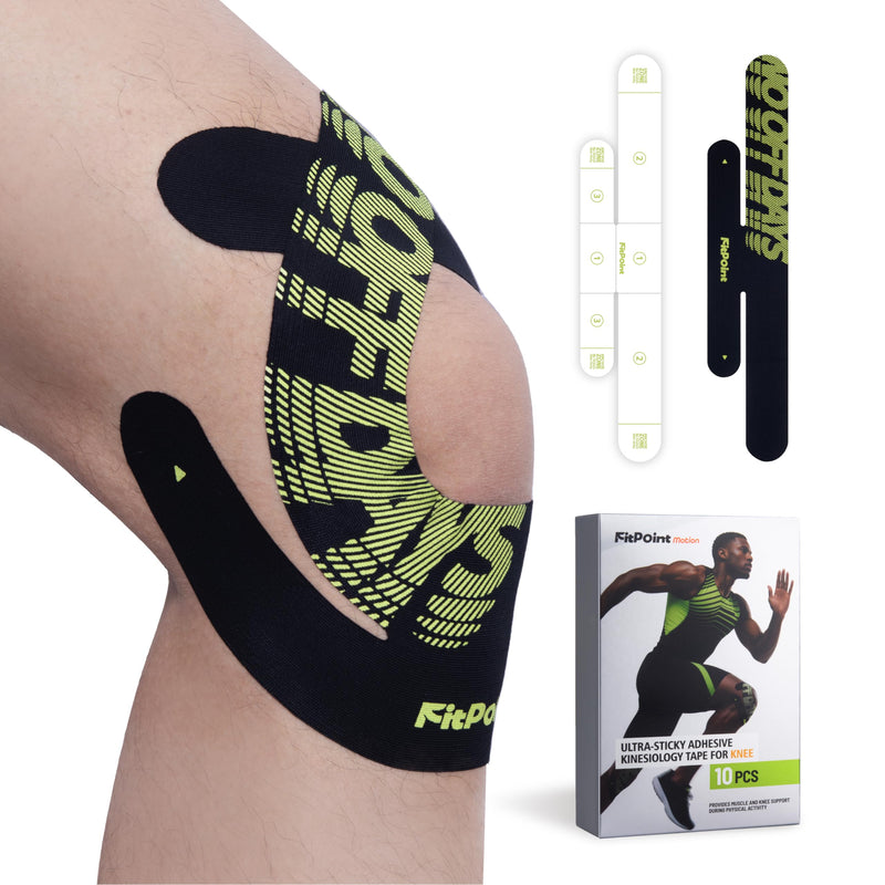 [Australia] - Motion Precut Kinesiology Tape for Knees, 10 Pcs Ultra-Sticky Adhesive Synthetic Athletic Tape, Pain Relief & Knee Support, Latex-Free Elastic Athletic Tape, Jet Black 