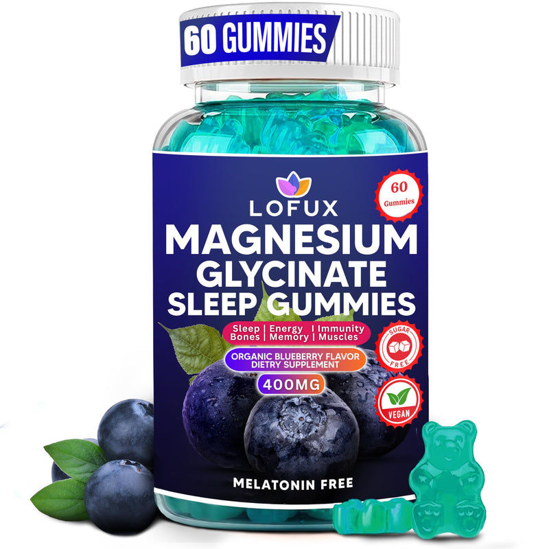 Lofux Magnesium Glycinate Gummies 400mg, Sugar Free Magnesium Gummies for Adults Women, Men, Chewable Supplement Gummy with L-Threonate, Vitamin D, B6, CoQ10 - for Calm, Sleep, Body Relaxation, 60 Ct Blueberry 1 Count (Pack of 60)