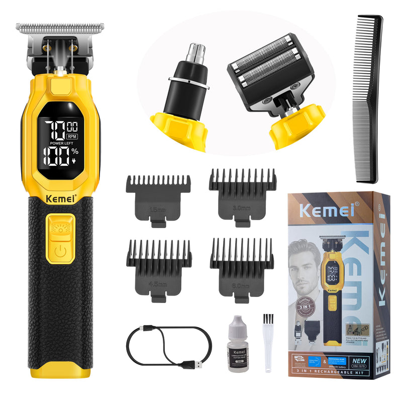 [Australia] - KEMEI 1878 Beard Trimmer for Men, 3 in 1 Hair Clippers, Shavers for Men, Cordless Nose Hair Trimmer with Removable Head, LED Display 