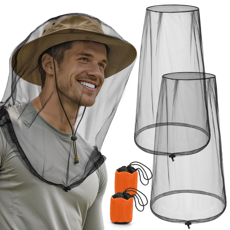 [Australia] - 2 Pack Premium Mosquito Head Nets with Drawstring, Breathable Ultra Large Bug Net for Head, Mosquito Net Hat for Men and Women, Universal Fit for Hats, Essential for Outdoor Activities Black 