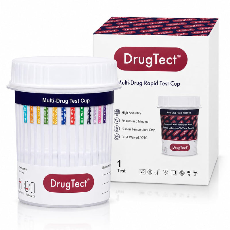 DrugTect 12 Panel Drug Test Cup - CLIA Waived Fentanyl - 1 Pack | Workplace Urine Drug Screening Including Fentanyl: AMP, BAR, BUP, BZO, COC, FYL, MDMA, MET, MOP, MTD, OXY, THC