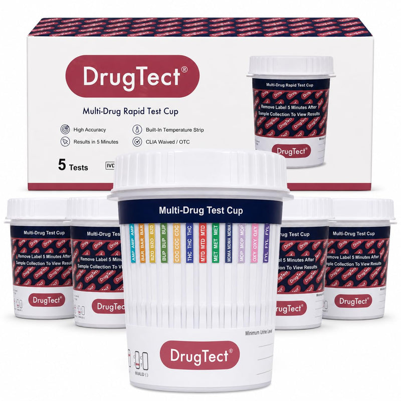 DrugTect 12 Panel Drug Test Cup - CLIA Waived Fentanyl - 5 Pack | Workplace Urine Drug Screening Including Fentanyl: AMP, BAR, BUP, BZO, COC, FYL, MDMA, MET, MOP, MTD, OXY, THC