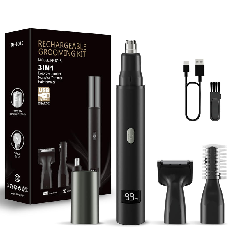[Australia] - RUIM 3-in-1 Nose Hair Trimmer for Men & Women, Painless Eyebrow Ear Face Groomer, USB-C Fast Charge Waterproof with LED Display, Shower-Safe Travel Kit Gift for Dad Christmas 