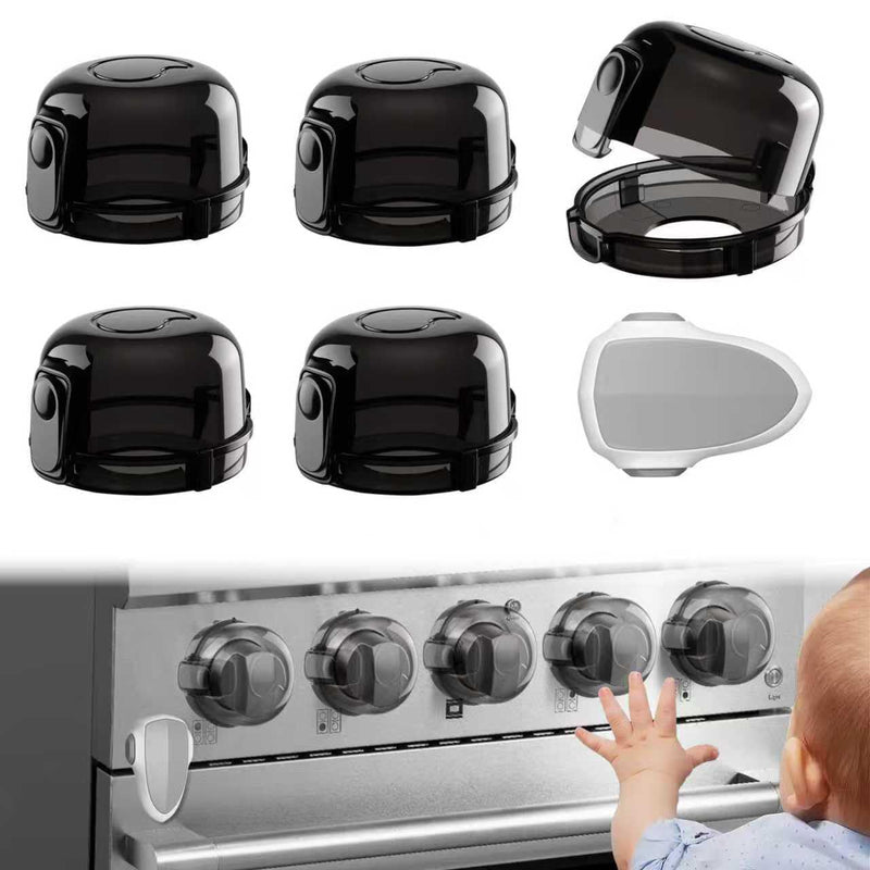 [Australia] - Stove Knob Safety Covers for Child Baby Proofing Kitchen Universal Size Gas Knob Covers Clear View Childproof Oven Knob Covers for Kids and Pets (5packs +1locks) Black 