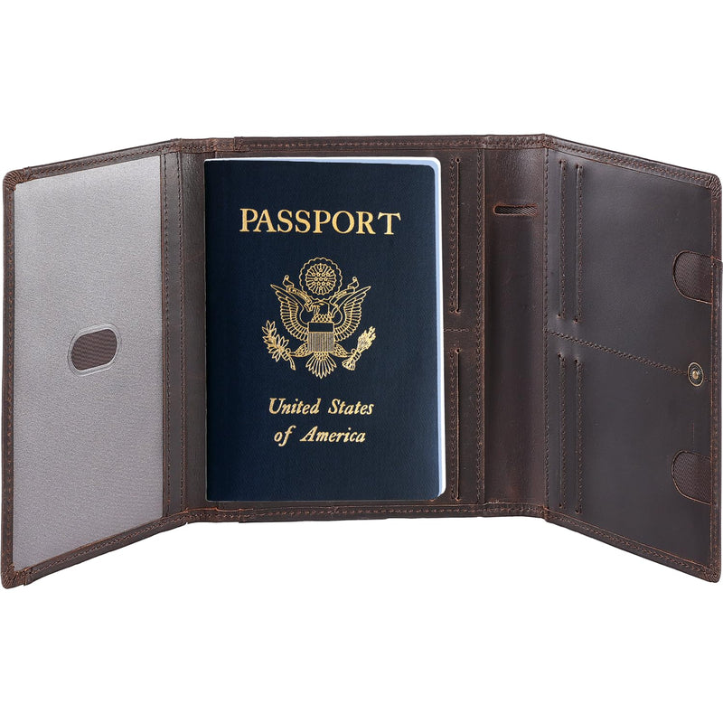 STAR VISTA Domenico Full Grain Leather Pilot Passport Wallet, Trifold Travel Document Organizer with RFID Blocking, Transparent Doc & Dual ID Windows, AirTag Slot, Pen & Travel Notebook Dark Chocolate Cowhide AirTag
