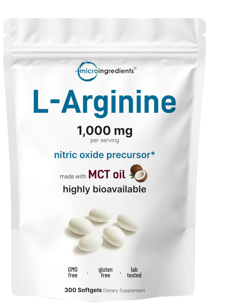 Micro Ingredients L-Arginine 1000mg with MCT Oil, 300 Softgels | Nitric Oxide Precursor for Heart Health & Blood Flow* | Extra Strength Amino Acid Formula for Men & Women | Non-GMO, No Soy